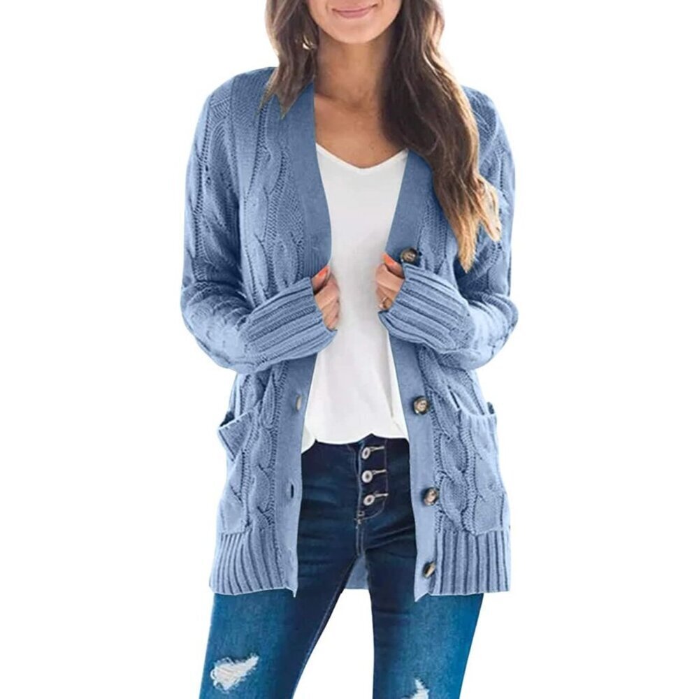 Women’s Cable Knit Cardigan Sweater Long Sleeve Button Pockets Casual